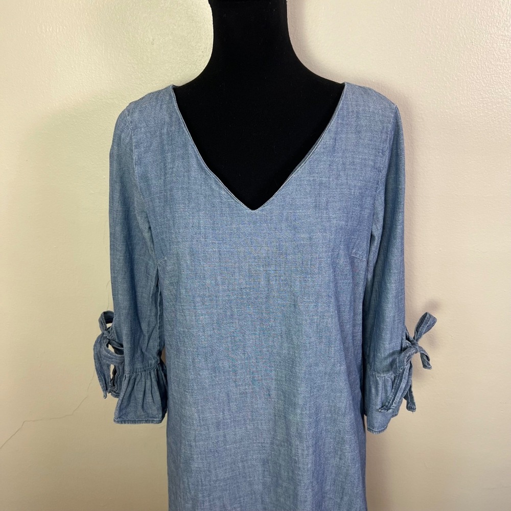 J. Crew Chambray V Neck Tie Sleeve Shift Dress Blue Size 6 - Picture 2 of 8